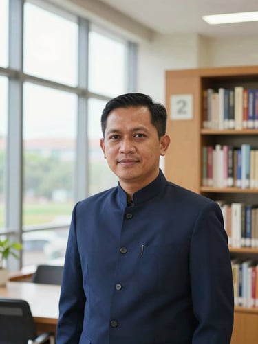 Professional portrait of an Indonesian male academic in a modern library setting, natural window light, refined navy attire, 35mm corporate editorial photography