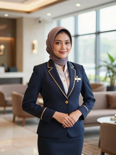 Professional portrait of an Indonesian female hospitality expert in a bright hotel lobby, warm lighting, elegant professional attire, 35mm corporate editorial photography