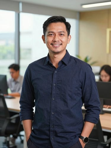 Professional portrait of an Indonesian male technology consultant in a modern collaborative workspace, soft background focus, smart casual attire, 35mm corporate editorial photography