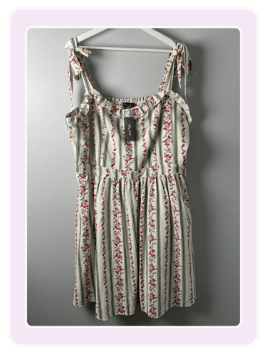 City Chic floral sleeveless dress with red roses and vertical stripes on a white background.