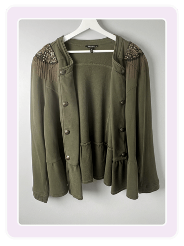 Torrid olive green military style jacket featuring beaded fringe epaulettes and metallic buttons.