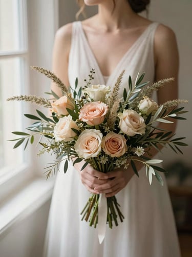 A loose, organic bridal bouquet with wild grasses, blush roses, and delicate olive foliage, held by a bride in soft morning light.
