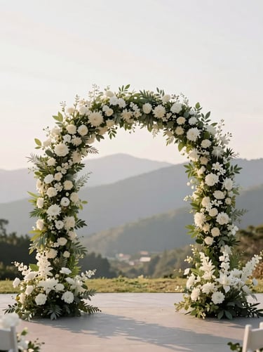 A grand, asymmetric floral arch at an outdoor St. Anthony venue, framed by distant mountains and soft afternoon sun.