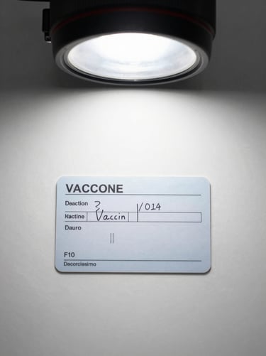 Flat-lay overhead shot of a vaccination record card on a clean white surface, studio-clear light from directly above, handwritten batch date and vaccine codes visible, no hands in frame, clinical and precise framing