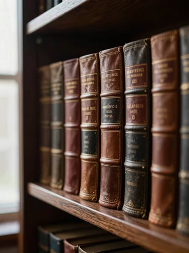 Dramatic side-lit close-up of leather-bound academic volumes on a dark oak shelf, soft library window light, shallow depth of field