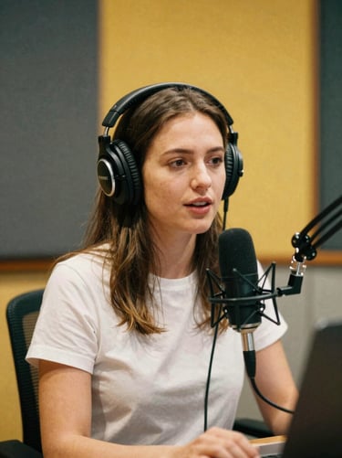 Warm portrait of a female radio host with headphones in a cozy broadcasting studio, speaking into a microphone, soft golden lighting, 35mm film style.