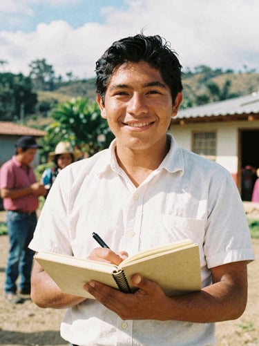 Warm portrait of a young Ecuadorian journalist holding a notebook outdoors in Arenillas, smiling, bright natural light, 35mm film style.
