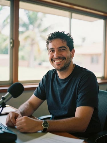 Warm portrait of a male radio announcer smiling in a radio booth, warm equatorial light through a window, 35mm film style.