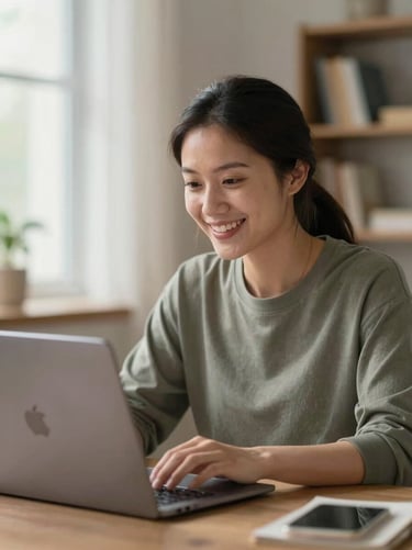 A friendly, supportive coach during a video call on a laptop screen, warm domestic background, soft natural lighting, shallow depth of field