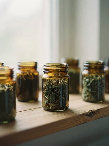 Dried herbs in amber glass jars arranged on a rustic wooden shelf, soft diffused natural light, warm neutral tones, shallow depth of field, 35mm film.