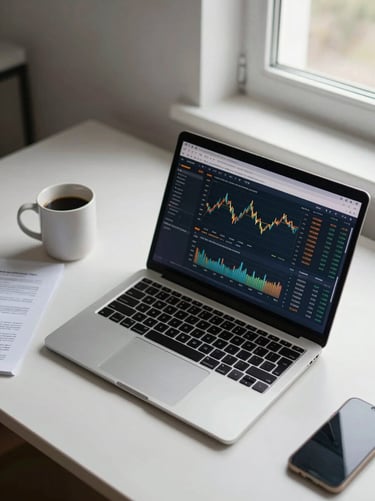 Close-up overhead view of a clean desk — open laptop showing a financial dashboard with real data, a coffee mug to the left, a few printed pages nearby, lit by calm north-facing window light flooding from the right, generous negative space above