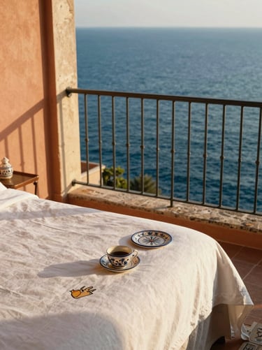 Sun-drenched private balcony of a luxury hotel room in Maiori, overlooking the deep blue sea, crisp linen sheets, hand-painted ceramic details, warm golden hour.