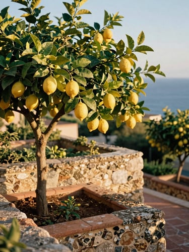Terraced gardens with lush lemon trees, sun-bleached stone walls, dappled golden sunlight filtering through citrus leaves.