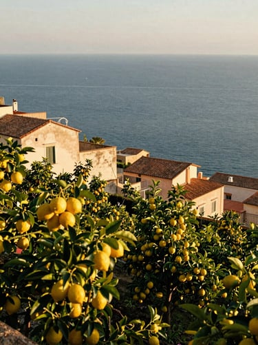 Vista panoramica dei terrazzamenti coltivati a limone a Maiori, luce dorata del tramonto, mare calmo sullo sfondo.