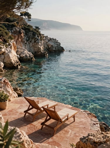 Secluded private cove with crystal clear Mediterranean water, empty wooden lounge chairs on a cliffside platform, soft morning sea mist.