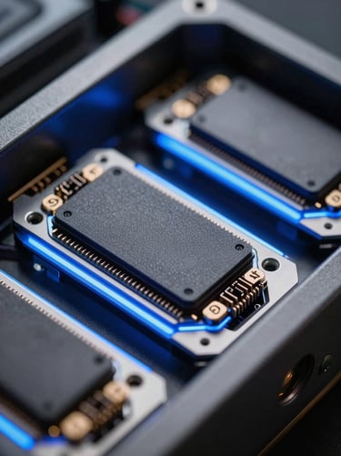 Extreme macro shot of high-end server hardware with cool blue rim lighting, sharp focus on computational nodes