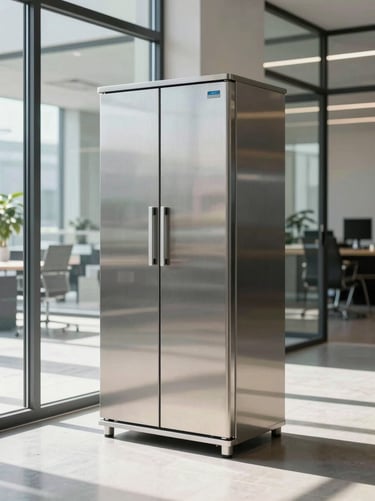 Freestanding architectural water purification station in a sunlit modern office lobby, brushed steel finish, minimalist design.