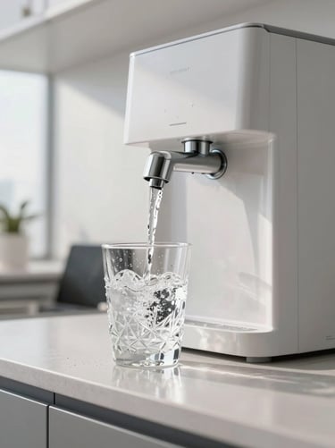 Sleek countertop water dispenser tap in a modern office kitchen, pouring sparkling water into a crystal glass, condensation, natural light, 35mm lens.