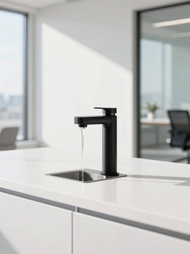 Minimalist matte black water dispenser tap integrated into a white oak corporate breakroom counter, clean lines, bright Florida sunlight.