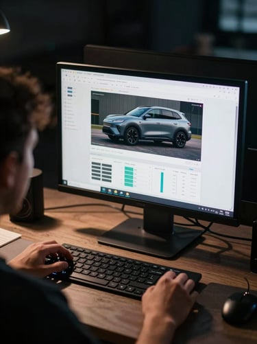 Over-the-shoulder view of a creator reviewing campaign analytics on a large monitor in a dark editing bay, a vehicle detail image visible on screen, studio lighting casting sharp shadows across keyboard and desk surface