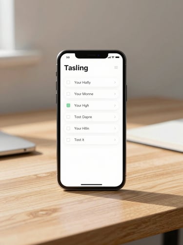 Crisp Android phone mockup on a clean oak desk, screen showing a minimalist task list with large checklist bubbles, bright morning daylight.