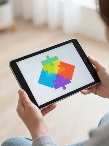 A child's hands and an older adult's hands holding an Android tablet together, screen showing a colorful shape matching puzzle, soft natural lighting.