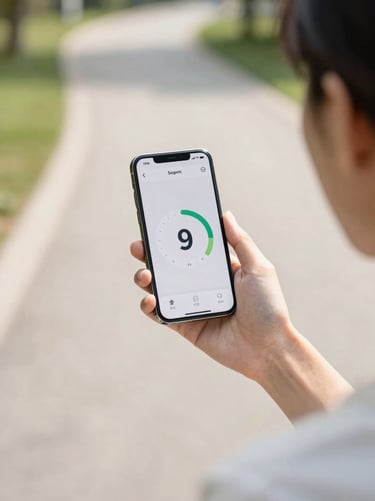 Over-the-shoulder shot of a person walking on a sunny park path, holding a phone displaying a simple step counter dial with large numbers.