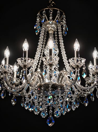 Extreme close-up of a Baccarat crystal chandelier suspended in a dark void, cool studio strobes igniting each facet, refractive angles splitting into prismatic slivers against a near-black seamless background, overhead framing, no human figures