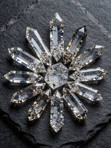 Wide overhead study of a cluster of raw Baccarat crystal drops arranged on a dark slate surface, cool directional studio light refracting through each piece, forensic precision framing, no human figures, no warm tones
