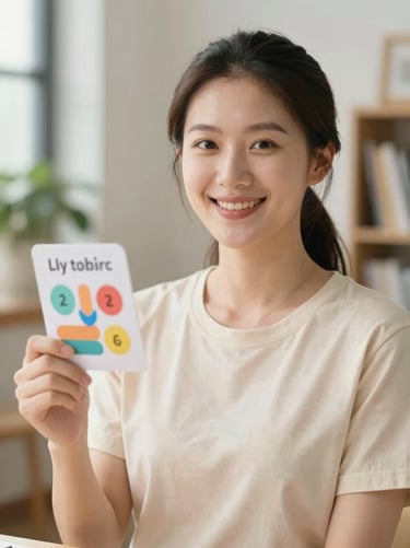 Portrait of a smiling female speech therapist holding a colorful learning card, warm daylight, warm editorial style.