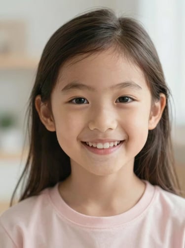 Eye-level portrait of a warm, smiling female child psychologist, soft natural daylight, shallow depth of field, warm editorial style.