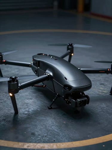 A sleek, professional heavy-lift drone sitting on a landing pad, ready for flight. The lighting is low-key and dramatic, highlighting the carbon fiber textures. Colors include deep shadows in #1B263B and cool metallic accents in #A0B0C0.