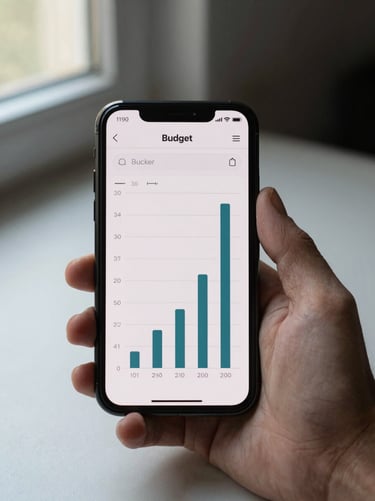 Android phone held in one hand displaying a budget tracker screen with simple bar charts, natural window light from the left, plain table surface below