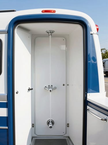 Spotless interior of a luxury restroom trailer, modern finishes, running water faucet, bright natural daylight, 35mm