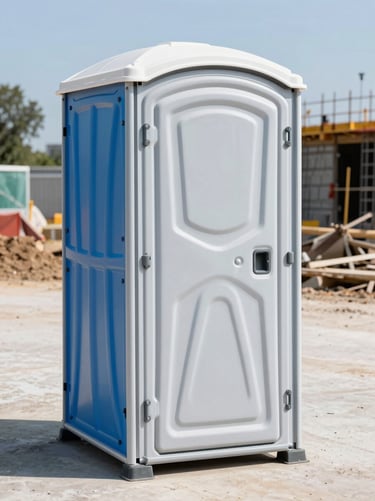 Pristine standard portable toilet on a neat construction site, bright daylight, clean exterior, 35mm