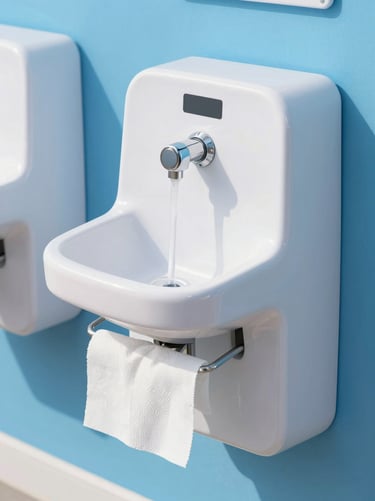 Clean dual-user handwashing station, foot-pump operated, fully stocked with soap and paper towels, bright daylight, 35mm