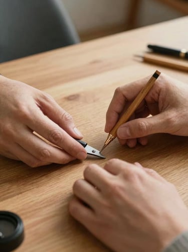 Detail shot of hands interacting with creative tools on a wooden table, soft shadows, warm atmosphere, authentic lifestyle photography.