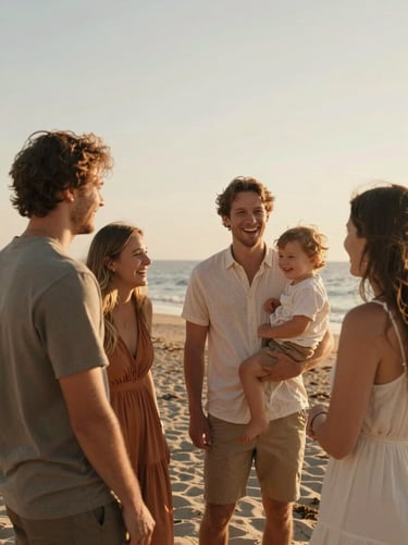 A modern family laughing together on a sun-drenched beach, candid interaction, warm golden hour light, 35mm film aesthetic
