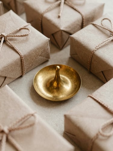 Close-up of handpicked return gifts, a single raw brass incense holder resting on raw silk, soft warm natural light.