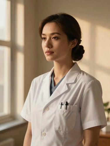 Elegant portrait of a female medical director in neutral tones, warm studio lighting, professional yet serene, shallow depth of field, 35mm