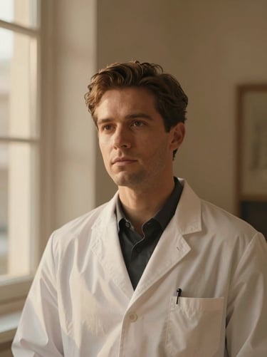 Elegant portrait of a male aesthetic physician in neutral tones, warm studio lighting, professional yet serene, shallow depth of field, 35mm