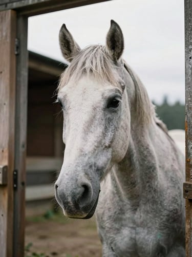 A close-up of a wise grey horse with a soft gaze, standing in a wooden barn doorway, soft overcast light
