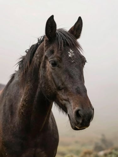 A close-up of a sleek black horse with a gentle expression, soft morning mist in the background