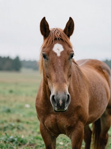 A medium shot of a warm bay horse with a white star on its forehead, looking gently towards the camera, green pasture background