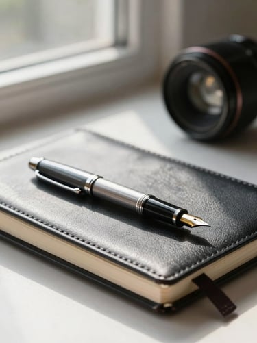 A close-up of a structured workspace, a fountain pen resting on a leather notebook, soft natural morning light from a side window, clean editorial aesthetic