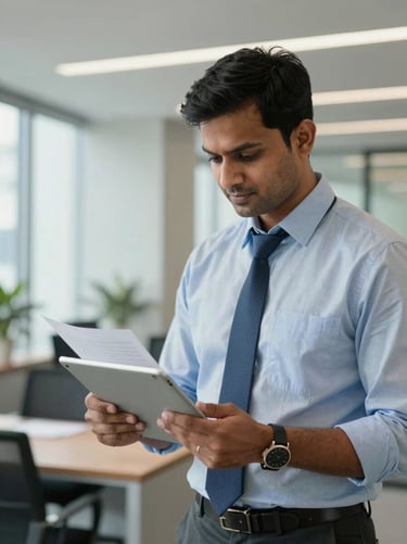A professional Indian male corporate risk consultant reviewing documents on a tablet in a Gurgaon office, clean architectural background.