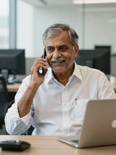 A senior Indian male claims advocate in a modern Delhi office, speaking warmly on a call, natural daylight illuminating the workspace.