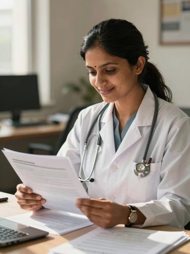A professional Indian female health insurance specialist in a warm, sunlit office in Noida, reviewing physical policy documents and smiling reassuringly.