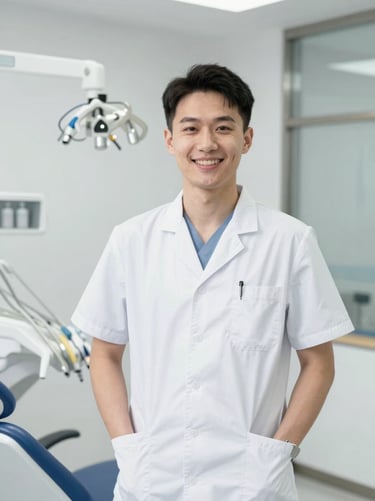 Professional portrait of a friendly dentist in a bright modern office, clean natural light, sharp focus, editorial style, 50mm, portrait orientation