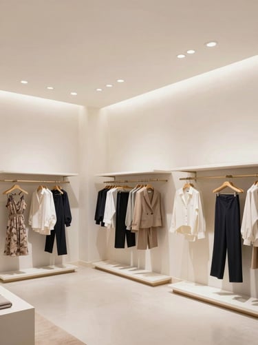 High-end local boutique store interior in Campinas, bright clean commercial lighting, minimalist design, sharp focus, portrait orientation